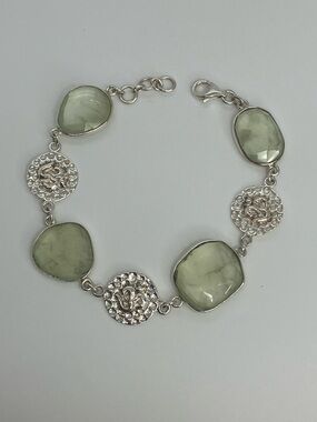 Vtg 925 Sterling Silver Om / Ohm Symbol & Prehnite Link Bracelet – 7.5”